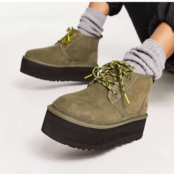 UGG NEUMEL HERITAGE 2” PLATFORM BURNT OLIVE SUEDE WOOL BOOTS WOMENS SIZE 5 - Picture 7 of 7